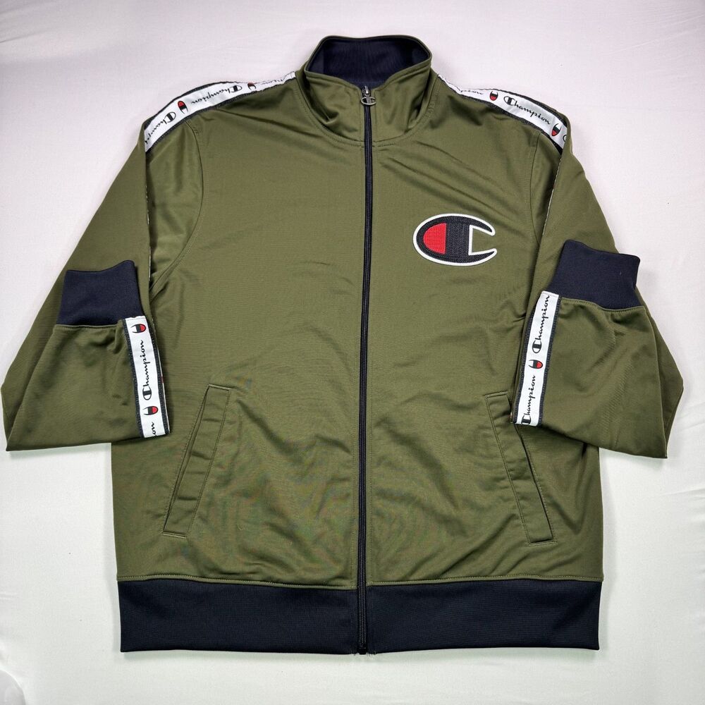 Champion Olive Green Track Jacket Large Logo Tape Sleeves Size Large